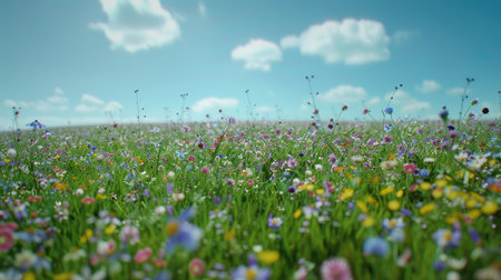 A lush green field dotted with wildflowers, stretching out to the horizon.の素材