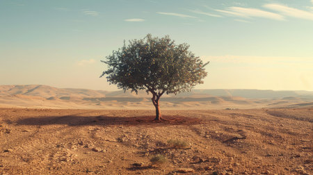 A lone tree standing in the middle of a barren desert landscape.の素材