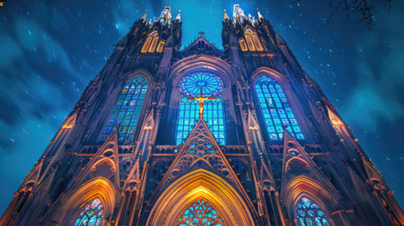 A majestic cathedral with its stained glass windows illuminated at night.の素材