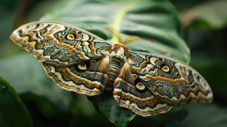 A macro shot of a moth resting on a leaf, showing its intricate wing patterns.の素材