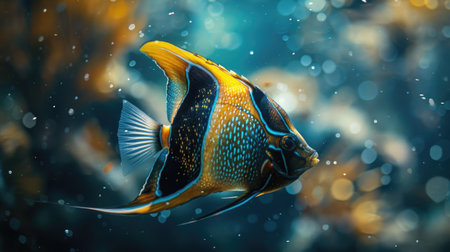 A majestic angelfish swimming gracefully through the water.の素材