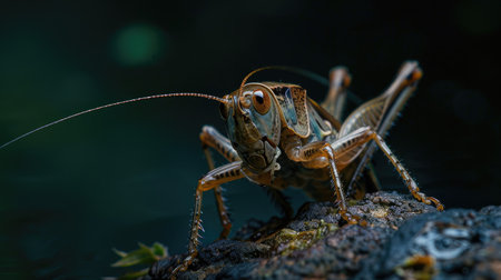 A macro shot of a cricket chirping on a summer night.の素材
