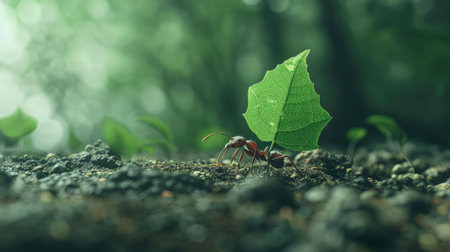 A macro shot of an ant carrying a leaf across a forest floor.の素材