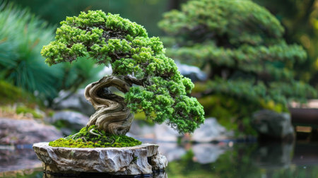 A meticulously pruned juniper bonsai tree with vibrant green foliage against a serene garden backdrop.の素材