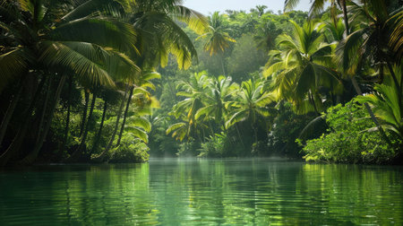 A lush, green lagoon with tall palm trees swaying gently in the breeze.の素材