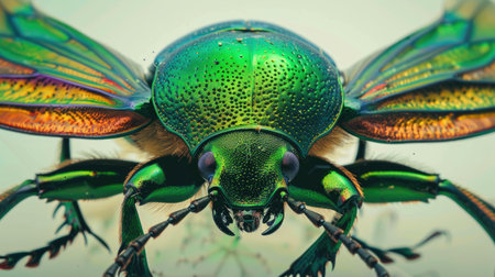A macro shot of a beetle with bright green metallic wings.の素材