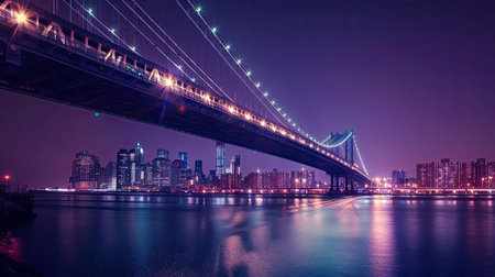 A majestic bridge lit up at night.の素材