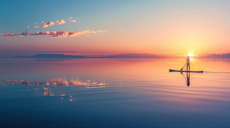 A lone paddleboarder navigating the still waters of a serene lagoon at sunrise.の素材
