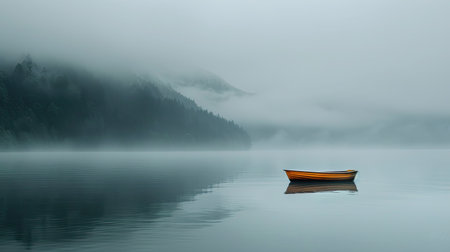 A lone boat on a fog-covered lake, creating a sense of solitude and tranquility.の素材