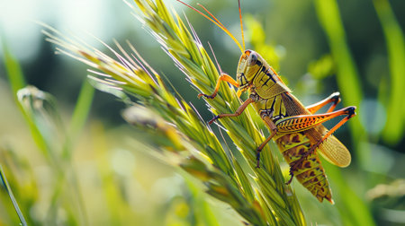 A macro shot of a grasshopper perched on a blade of grass.の素材