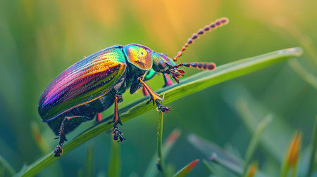 A macro shot of a beetle with iridescent wings climbing a blade of grass.の素材