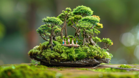 A miniature bonsai forest scene with tiny figurines to create a whimsical landscape.の素材