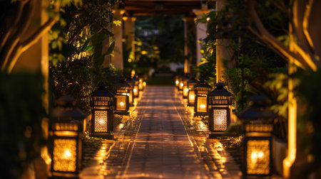 A pathway lit by elegant lanterns, creating a warm and inviting atmosphere.の素材