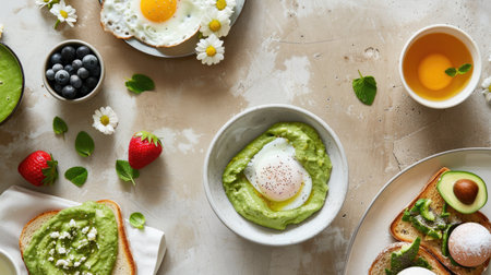 A modern breakfast table with avocado toast, poached eggs, and a smoothie bowl.の素材