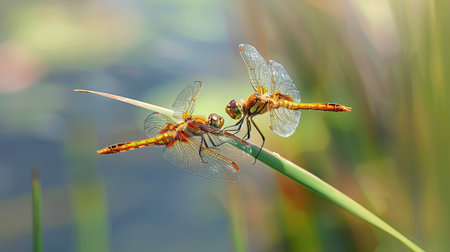 A pair of dragonflies mating on a reed near a pond.の素材