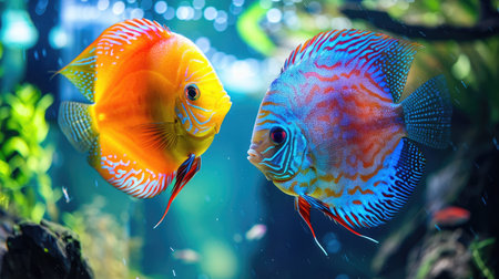 A pair of discus fish displaying their vibrant colors in a home aquarium.の素材