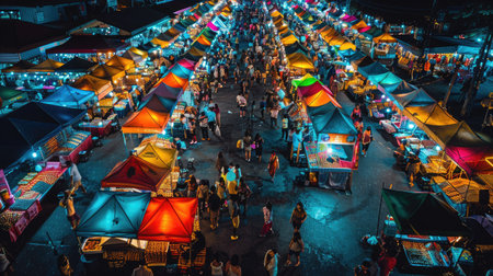 A night market with colorful lights and bustling activity, creating a vibrant scene.の素材