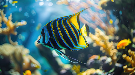 A majestic angelfish gliding through a marine aquarium.の素材
