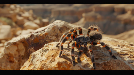 A macro shot of a tarantula on a rock in a desert landscape.の素材