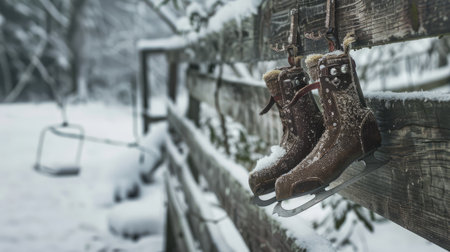 A pair of ice skates hanging from a wooden fence with a snowy backdrop.の素材