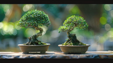 A pair of bonsai trees side by side, representing harmony and balance in nature.の素材