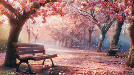 A park bench surrounded by blossoming trees and flowers in full bloom.の素材