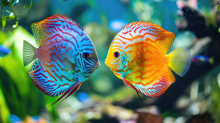 A pair of discus fish displaying their vibrant colors in an aquarium.の素材