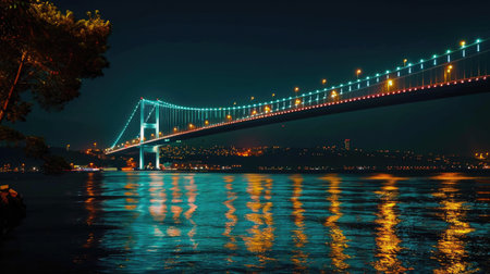 A majestic bridge lit up at night.の素材