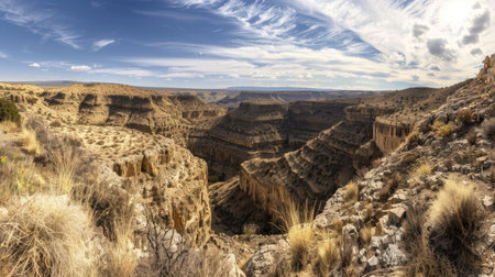 A panoramic view of a canyon cutting through a desert landscape.の素材