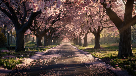 A path lined with blooming cherry blossom trees in a park.の素材