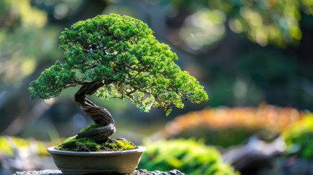 A meticulously pruned juniper bonsai tree with vibrant green foliage against a serene garden backdrop.の素材