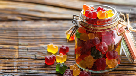 An assortment of colorful gummy bears and candies in a glass jar on a rustic wooden table.の素材
