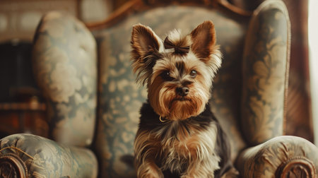 A Yorkshire Terrier with a topknot and bow, sitting on a vintage armchair.の素材