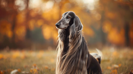 An elegant Afghan Hound with long flowing hair, standing gracefully in a field.の素材