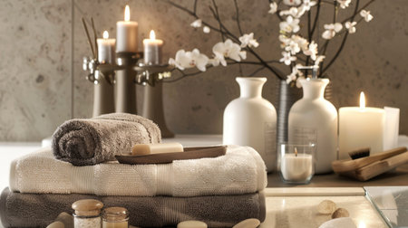 Elegant bathroom decor with luxurious towels, scented candles, and stylish accessories.の素材