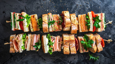 An array of mini sandwiches with different fillings, perfect for a party or gathering.の素材