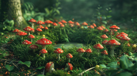 A whimsical scene with mushrooms growing in a circle, also known as a fairy ring.の素材