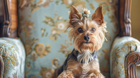 A Yorkshire Terrier with a topknot and bow, sitting on a vintage armchair.の素材