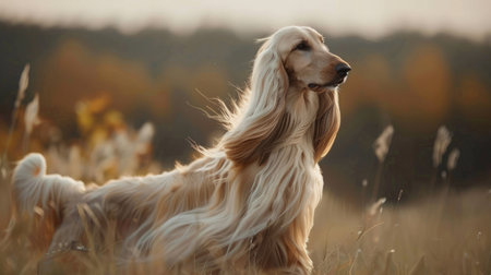 An elegant Afghan Hound with long flowing hair, standing gracefully in a field.の素材