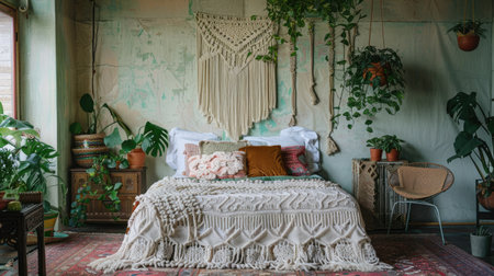 Bohemian-style bedroom with macrame wall hangings and potted plants, evoking a cozy and artistic vibe.の素材
