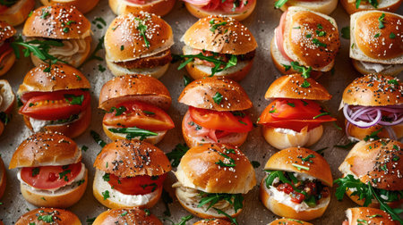 An array of mini sandwiches with different fillings, perfect for a party or gathering.の素材