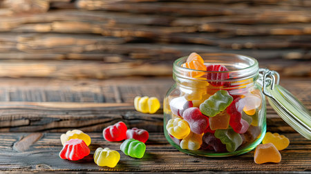 An assortment of colorful gummy bears and candies in a glass jar on a rustic wooden table.の素材