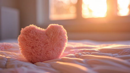 Close-up of the back of a pink love heart-shaped pillow on a cozy white bedspread in a sunlit bedroom.の素材
