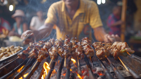 Close-up of a street vendor grilling skewers of marinated meat and vegetables over an open flame.の素材