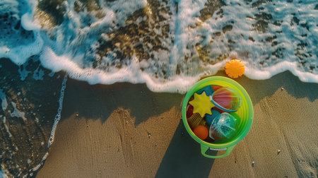 An overhead shot of a grass green bucket filled with colorful beach toys, set on the sandy shore with waves gently lapping in the distance.の素材