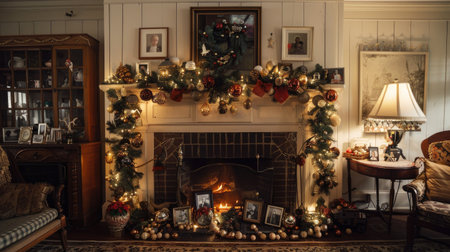 Cozy fireplace mantel decorated with family photos, garlands, and seasonal ornaments.の素材