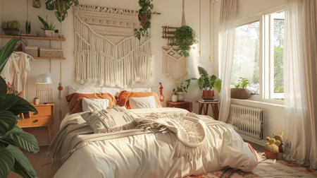 Bohemian-style bedroom with macrame wall hangings and potted plants, evoking a cozy and artistic vibe.の素材