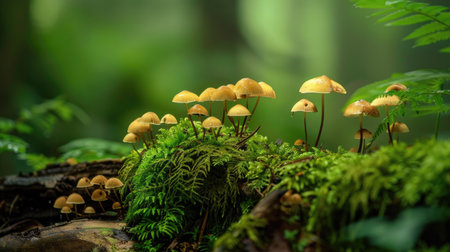 A whimsical forest scene with tiny mushrooms growing on a fallen tree, surrounded by moss and ferns.の素材
