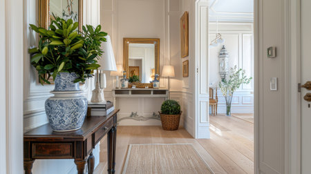 Elegant foyer with stylish console table, chic mirror, and tasteful decorations.の素材