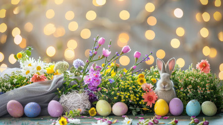 Easter decorations with colorful eggs, bunny figurines, and spring flowers.の素材